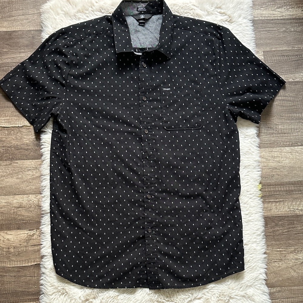 Volcom Black Short Sleeve Button-Down Shirt with Small White Dot Pattern